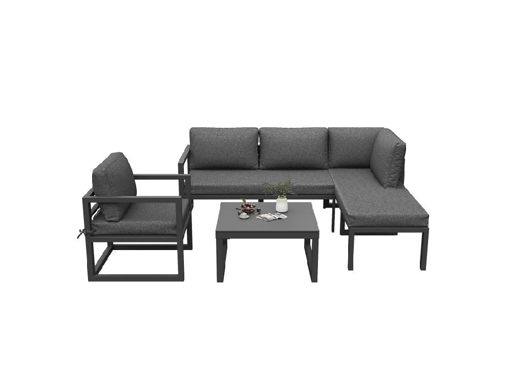 Vente Unique Salon De Jardin En Corde Pour 4 Personnes Canapé D'angle - En Fer Galvanisé Pieds Réglables En Verre Trempé Avec Motif Marbré Gris