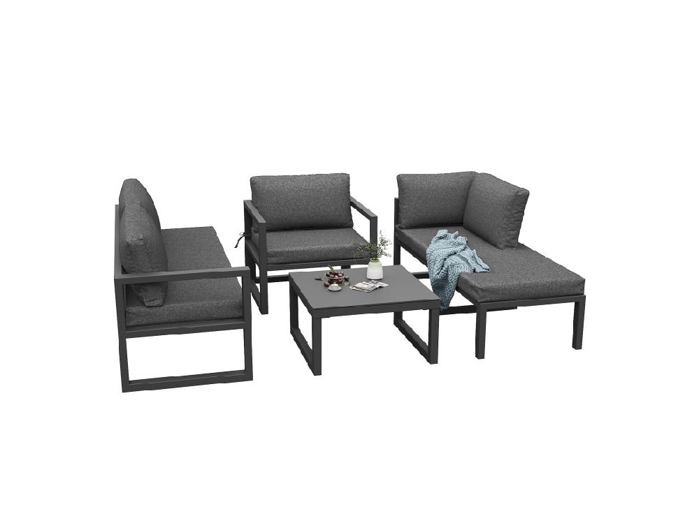 Vente Unique Salon De Jardin En Corde Pour 4 Personnes Canapé D'angle - En Fer Galvanisé Pieds Réglables En Verre Trempé Avec Motif Marbré Gris