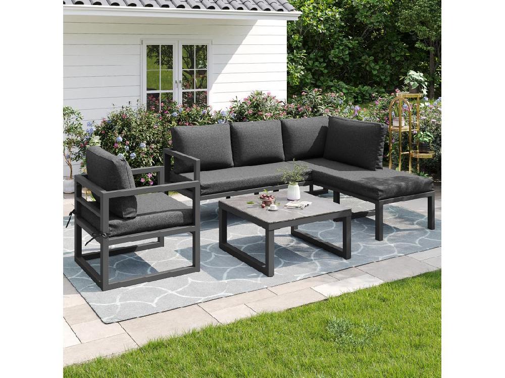 vente unique Salon de jardin en corde pour 4 personnes canapé d'angle - en fer galvanisé pieds réglables en verre trempé avec motif marbré gris