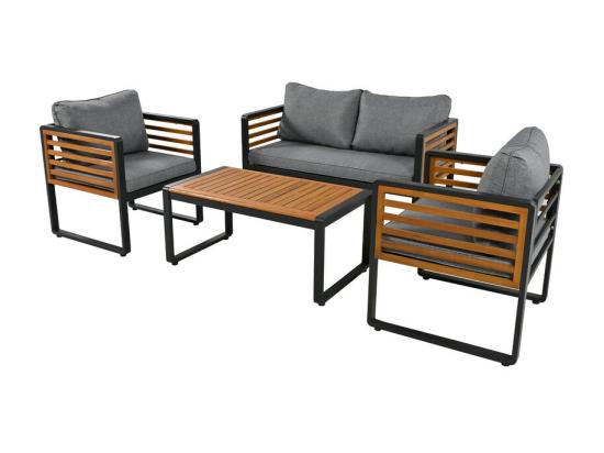 Vente Unique Salon De Jardin En Fer 4 Personnes - 1 Canapé、2 Fauteuils Et 1 Table Basse - Décoré De Bois D'Acacia - Gris