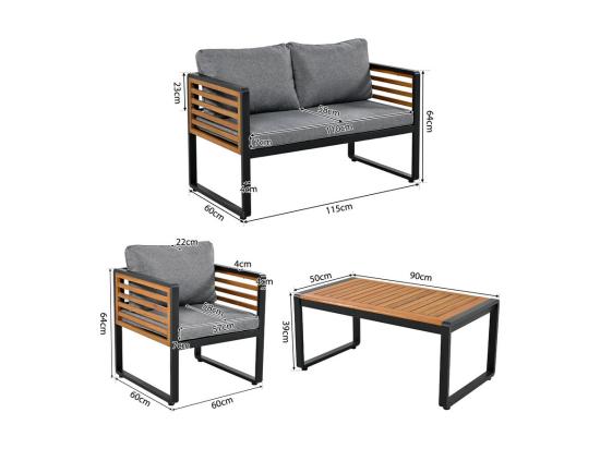 Vente Unique Salon De Jardin En Fer 4 Personnes - 1 Canapé、2 Fauteuils Et 1 Table Basse - Décoré De Bois D'Acacia - Gris