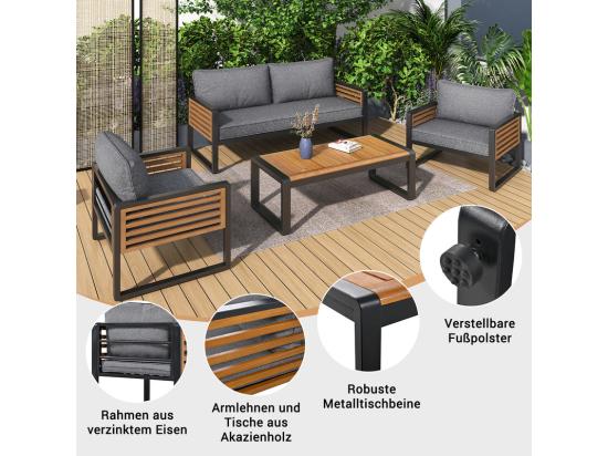 Vente Unique Salon De Jardin En Fer 4 Personnes - 1 Canapé、2 Fauteuils Et 1 Table Basse - Décoré De Bois D'Acacia - Gris