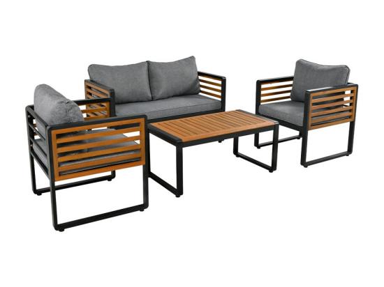 vente unique Salon de jardin en Fer 4 personnes - 1 canapé、2 fauteuils et 1 table basse - décoré de Bois d'Acacia - Gris