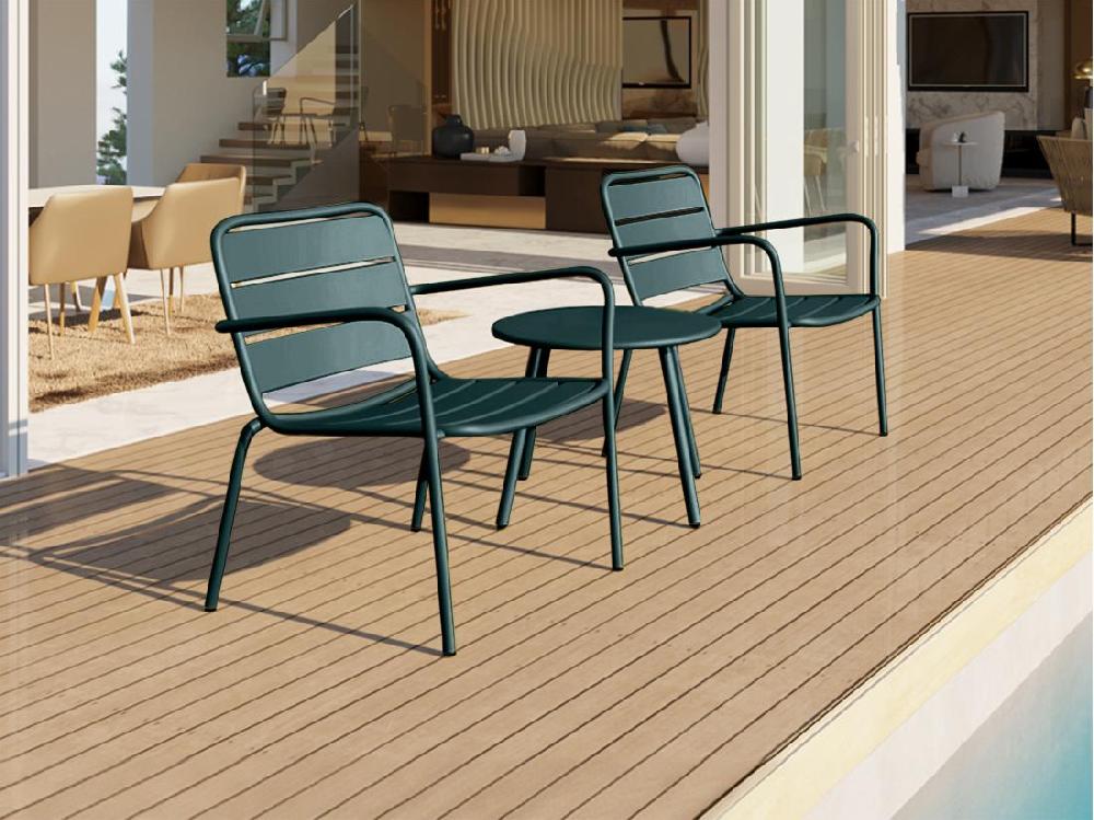 Vente Unique Salon De Jardin En Métal - 2 Fauteuils Bas Empilables Et Une Table D'appoint Ronde - Vert Sapin - MIRMANDE De MYLIA