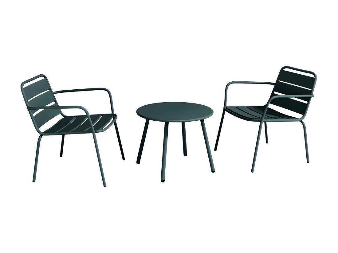 Vente Unique Salon De Jardin En Métal - 2 Fauteuils Bas Empilables Et Une Table D'appoint Ronde - Vert Sapin - MIRMANDE De MYLIA
