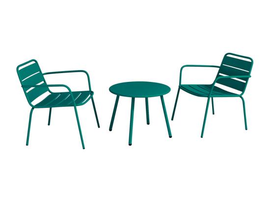 Vente Unique Salon De Jardin En Métal - 2 Fauteuils Bas Empilables Et Une Table D'appoint Ronde - Bleu Canard - MIRMANDE De MYLIA