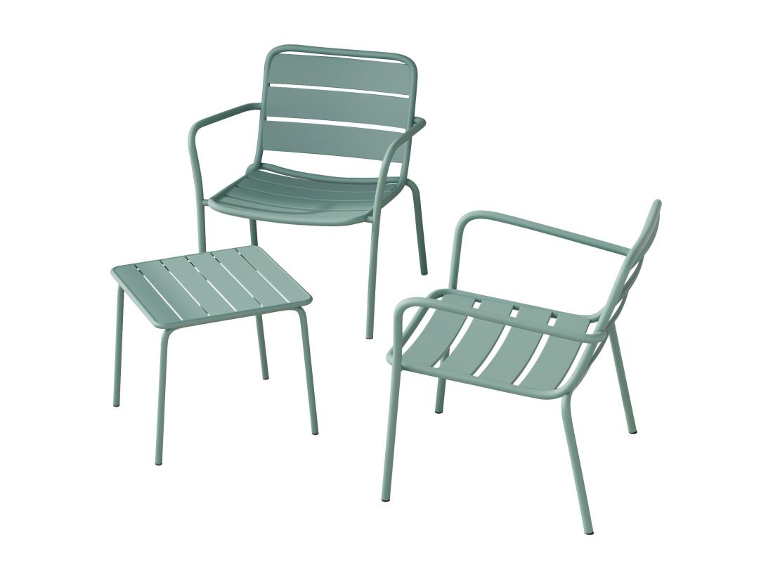 Vente Unique Salon De Jardin En Métal - 2 Fauteuils Bas Empilables Et Une Table D'appoint Carrée - Vert Amande - MIRMANDE De MYLIA