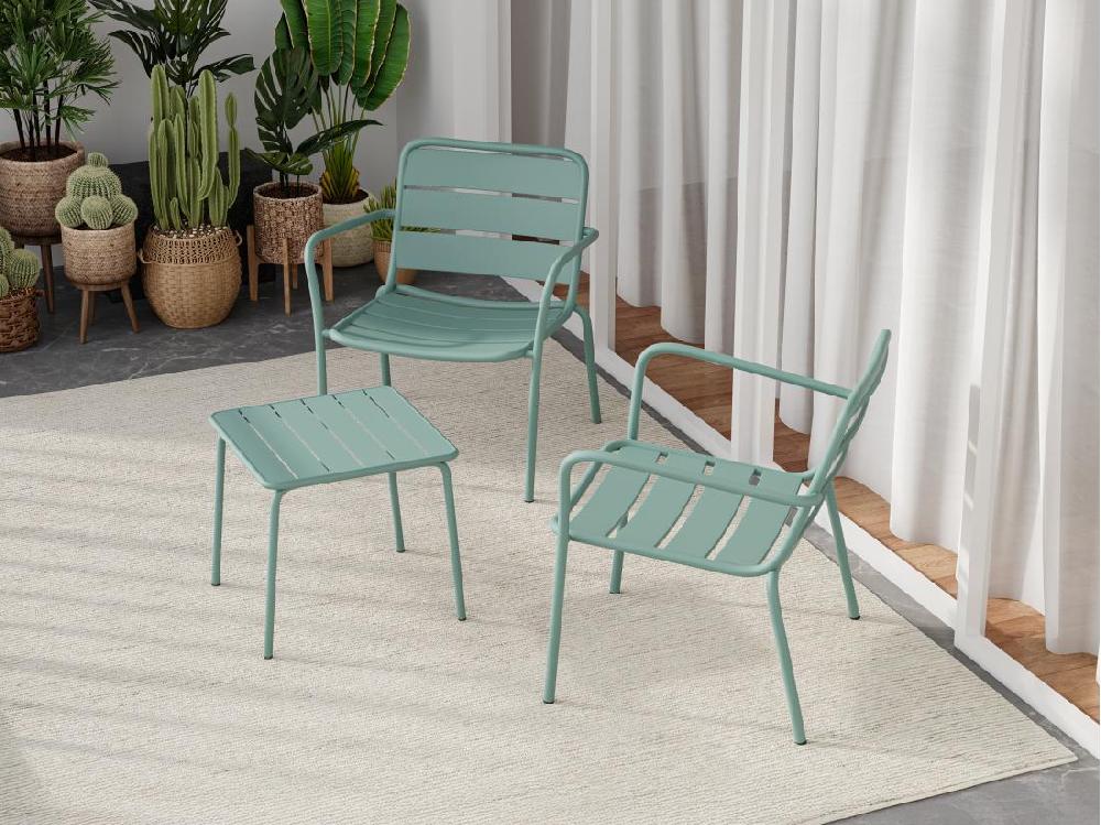 vente unique Salon de jardin en métal - 2 fauteuils bas empilables et une table d'appoint carrée - Vert amande - MIRMANDE de MYLIA