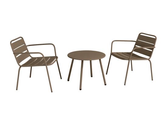 Vente Unique Salon De Jardin En Métal - 2 Fauteuils Bas Empilables Et Une Table D'appoint Ronde - Taupe - MIRMANDE De MYLIA
