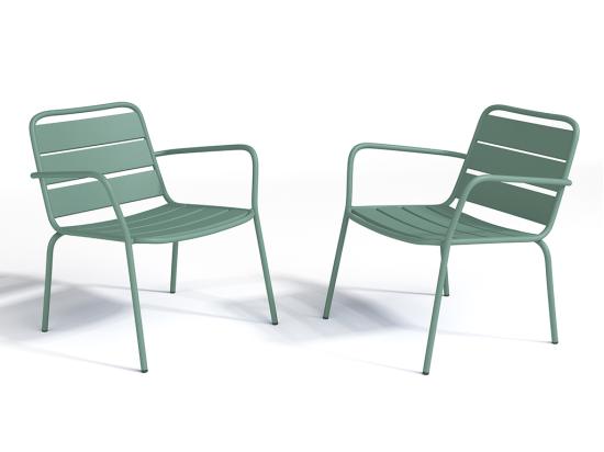 Vente Unique Salon De Jardin En Métal - 2 Fauteuils Bas Empilables Et Une Table D'appoint Ronde - Vert Amande - MIRMANDE De MYLIA