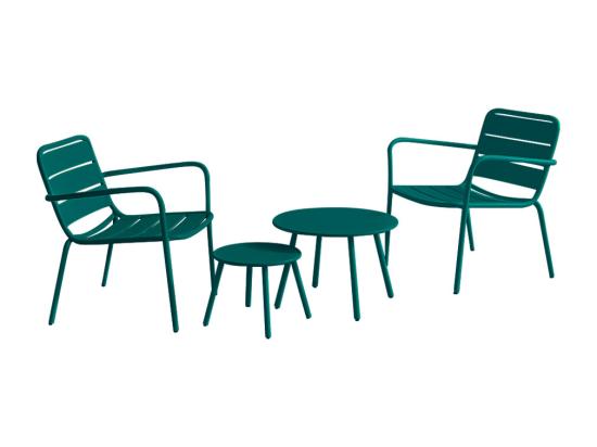 Vente Unique Salon De Jardin En Métal - 2 Fauteuils Bas Empilables Et Tables Gigognes - Bleu Canard - MIRMANDE De MYLIA
