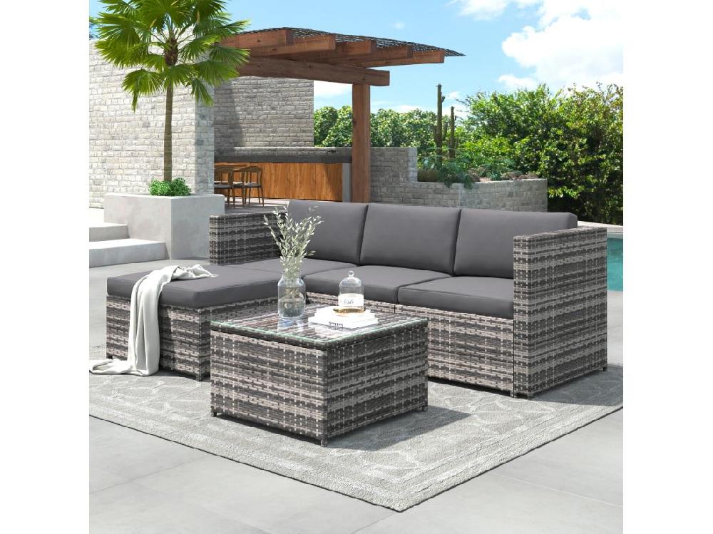 Vente Unique Salon De Jardin En Résine Tressée - Canapé D'angle Extérieur Avec Table Basse - 4 Places - Gris