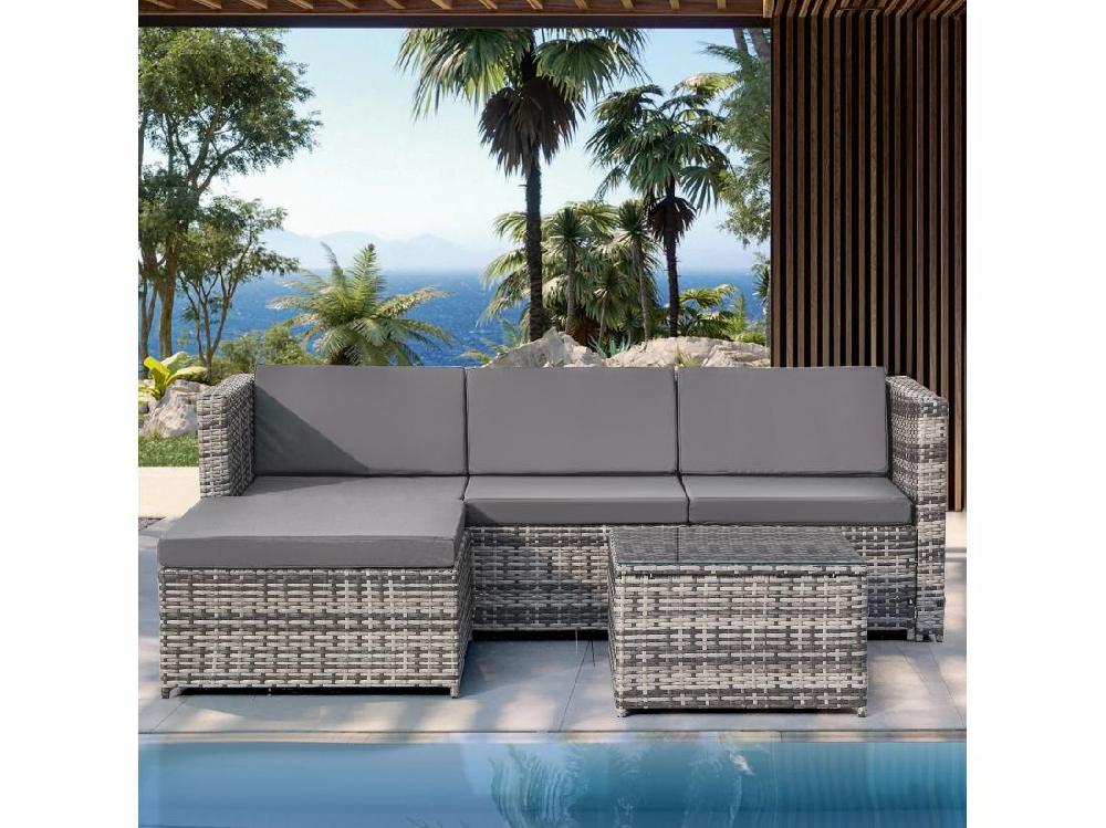 Vente Unique Salon De Jardin En Résine Tressée - Canapé D'angle Extérieur Avec Table Basse - 4 Places - Gris