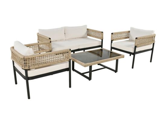 Vente Unique Salon De Jardin Modulable En Acier Galvanisé Et Décoré De Corde - 4 Places - 1 Canapé、2 Fauteuils Et 1 Table Basse - Beige