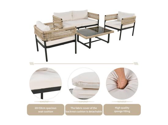 Vente Unique Salon De Jardin Modulable En Acier Galvanisé Et Décoré De Corde - 4 Places - 1 Canapé、2 Fauteuils Et 1 Table Basse - Beige