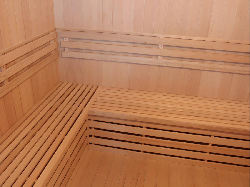 Vente Unique Sauna Traditionnel Finlandais 4/5 Places FABORG Vitré Avec étagères - 200x180x200