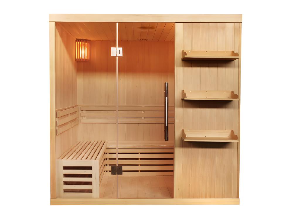 vente unique Sauna traditionnel Finlandais 4/5 places FABORG vitré avec étagères - 200x180x200
