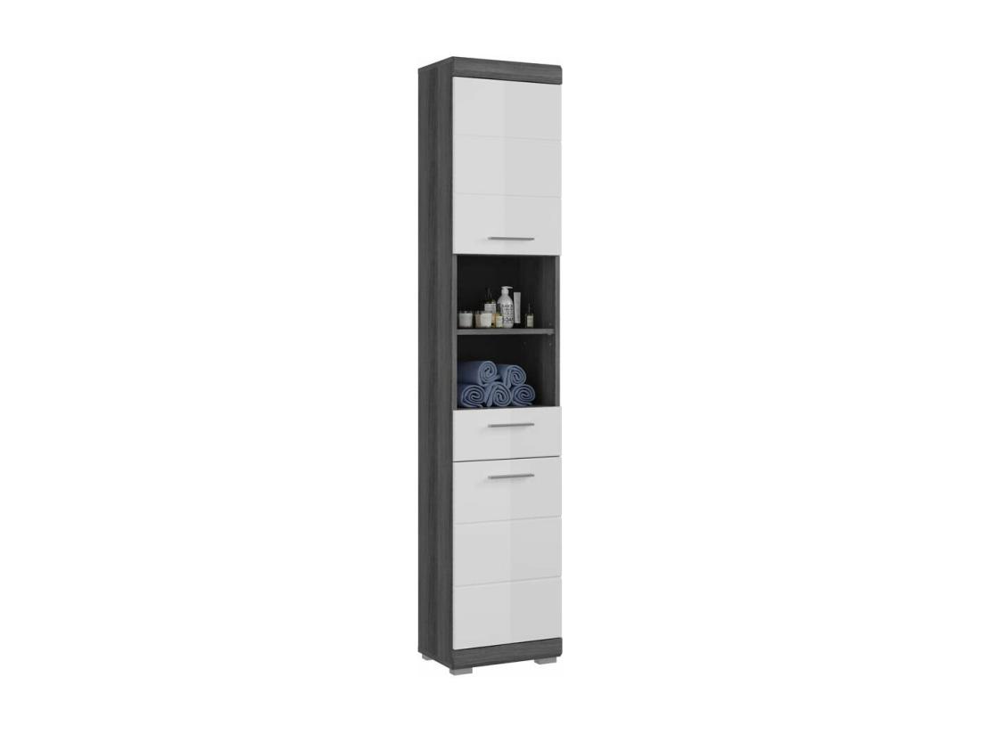 Vente Unique Scout Armoire Haute Pour Salle De Bain 2 Portes 1 Tiroir 2 Tablettes Brillant Blanc Enfumé