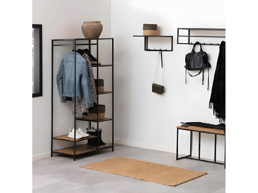 vente unique Sea Séchoir à linge 1 tringle à vêtements 5 tablettes de rangement noir teinte naturelle