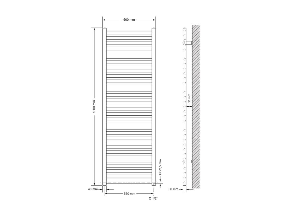 Vente Unique Sèche-Serviettes Design Sahara 600 X 1800 Mm Blanc Connexion Latéral Forme Droit