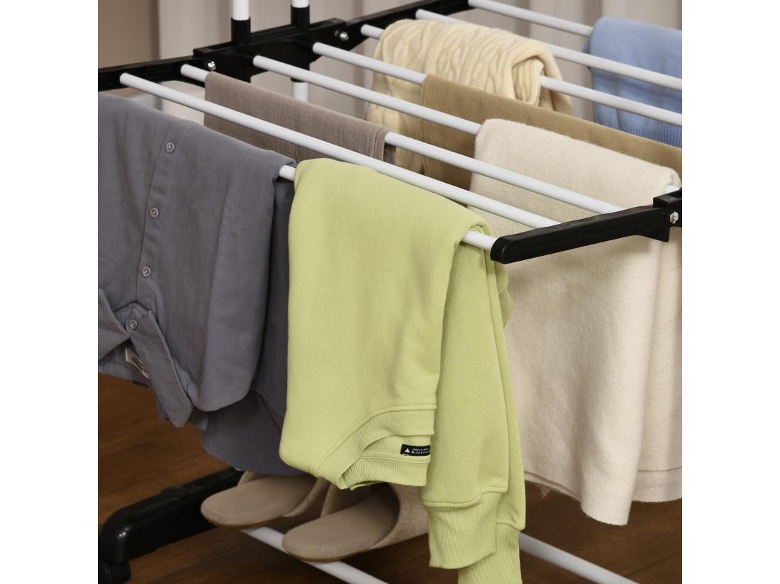 Vente Unique Sechoir à Linge étendoir Pliable 3 Niveaux 2 Ailes Latérales à Cintres Acier Blanc PP Noir