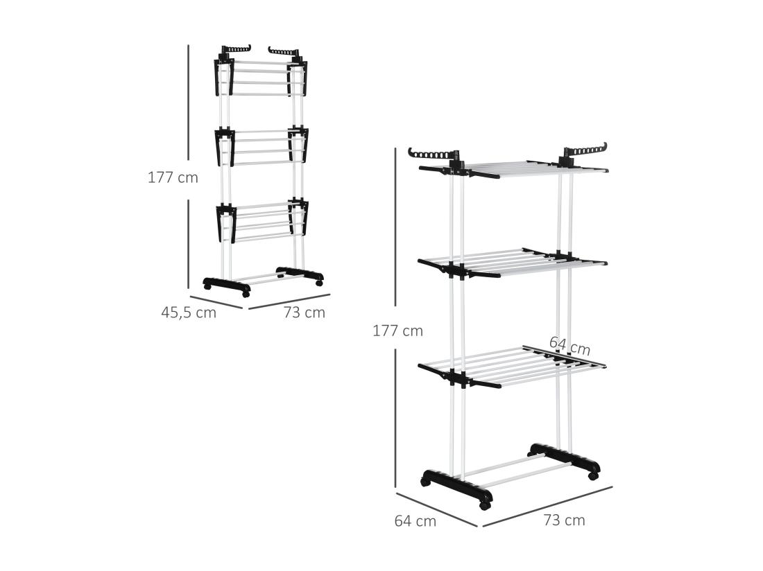 Vente Unique Sechoir à Linge étendoir Pliable 3 Niveaux 2 Ailes Latérales à Cintres Acier Blanc PP Noir