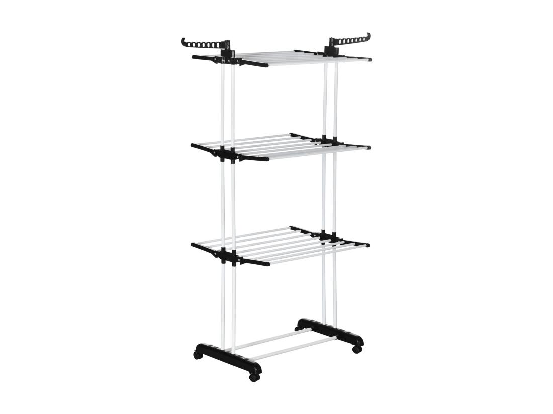 Vente Unique Sechoir à Linge étendoir Pliable 3 Niveaux 2 Ailes Latérales à Cintres Acier Blanc PP Noir