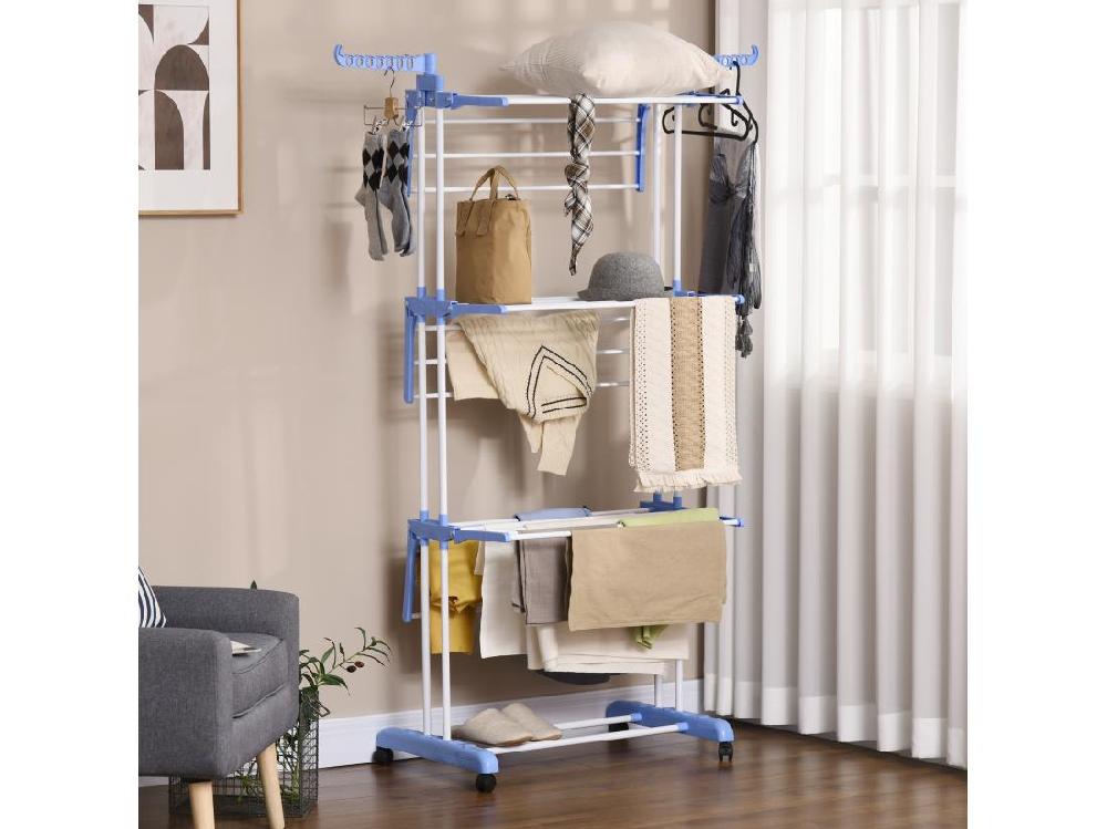 Vente Unique Sechoir à Linge étendoir Pliable 3 Niveaux 2 Ailes Latérales à Cintres Acier Blanc PP Bleu