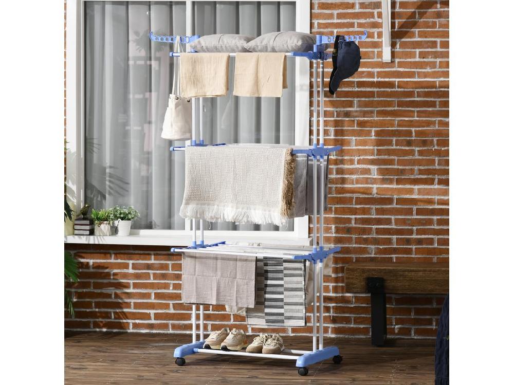 Vente Unique Sechoir à Linge étendoir Pliable 3 Niveaux 2 Ailes Latérales à Cintres Acier Blanc PP Bleu