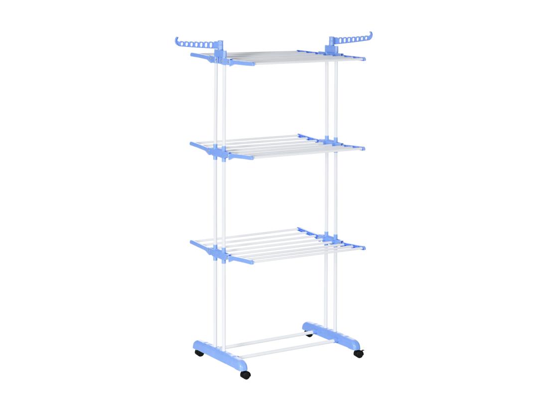 Vente Unique Sechoir à Linge étendoir Pliable 3 Niveaux 2 Ailes Latérales à Cintres Acier Blanc PP Bleu