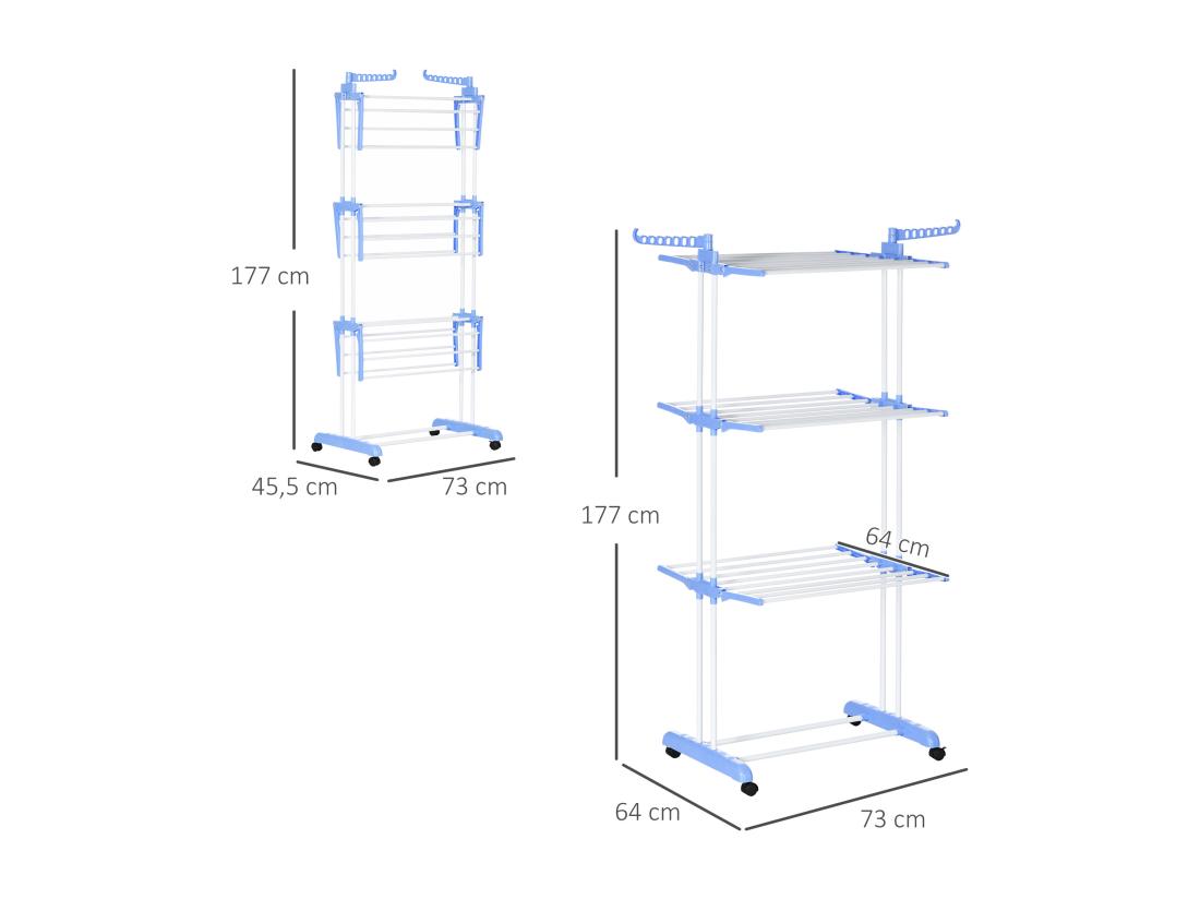 vente unique Sechoir à linge étendoir pliable 3 niveaux 2 ailes latérales à cintres acier blanc PP bleu