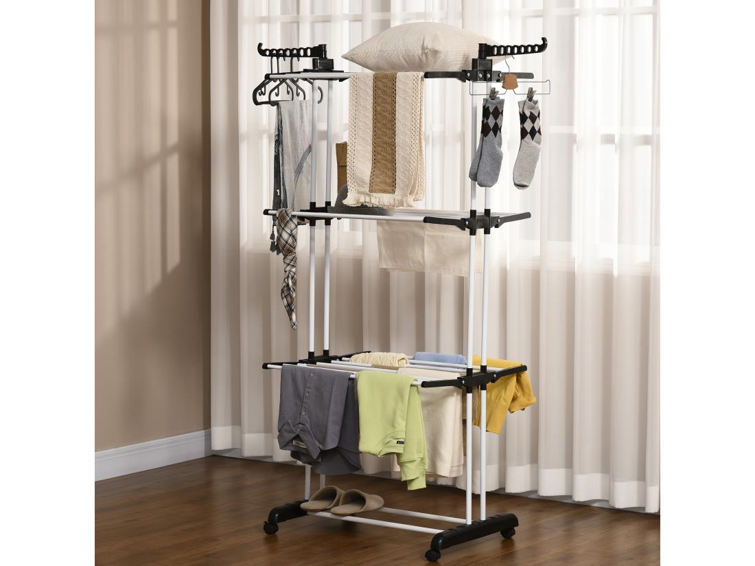 vente unique Sechoir à linge étendoir pliable 3 niveaux 2 ailes latérales à cintres acier blanc PP noir