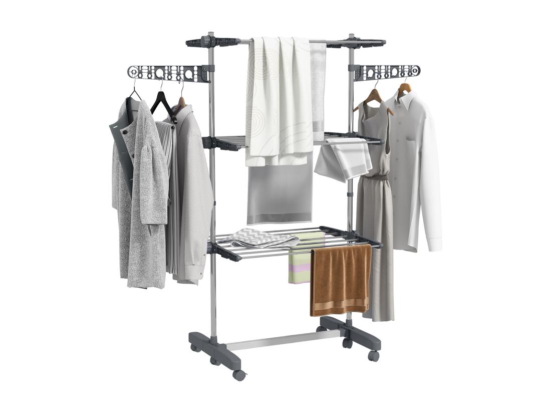 Vente Unique Séchoir à Linge étendoir Pliable Ailes Latérales 3 Niveaux Acier Inox PP Gris