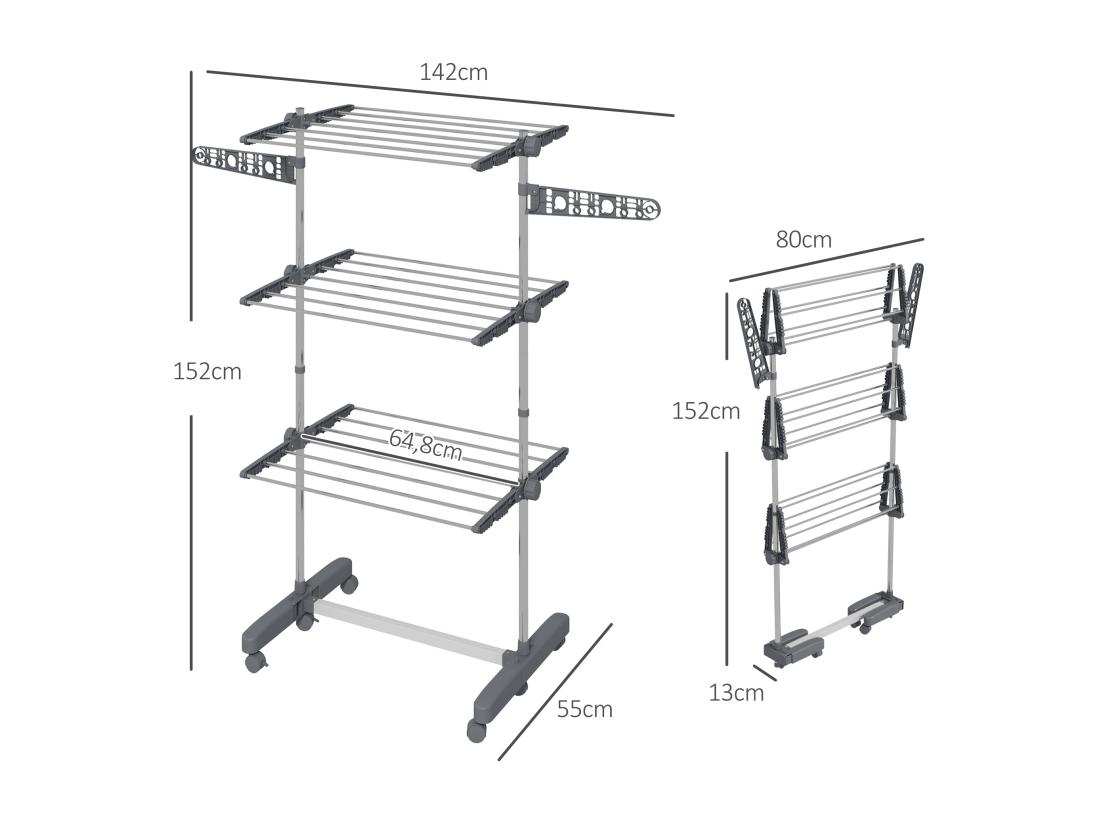 Vente Unique Séchoir à Linge étendoir Pliable Ailes Latérales 3 Niveaux Acier Inox PP Gris