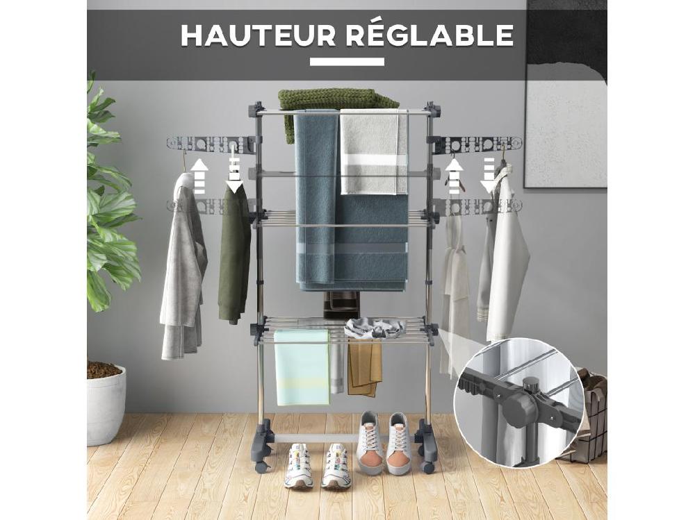 Vente Unique Séchoir à Linge étendoir Pliable Ailes Latérales 3 Niveaux Acier Inox PP Gris