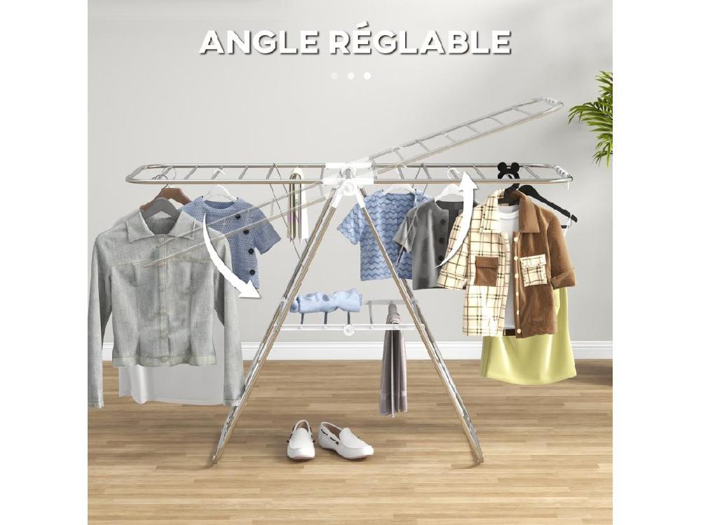 Vente Unique Séchoir à Linge Pliable Sur Pied - étendoir 2 Niveaux Ajustables - Acier PP Blanc