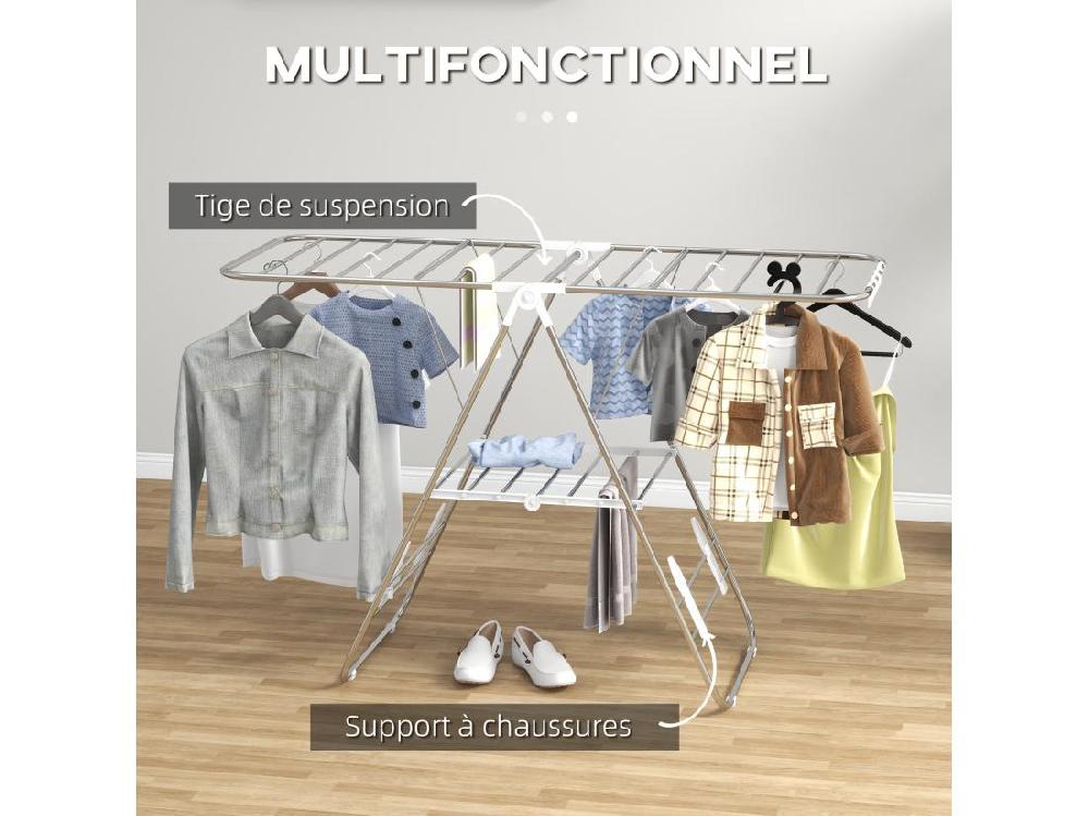 vente unique Séchoir à linge pliable sur pied - étendoir 2 niveaux ajustables - acier PP blanc