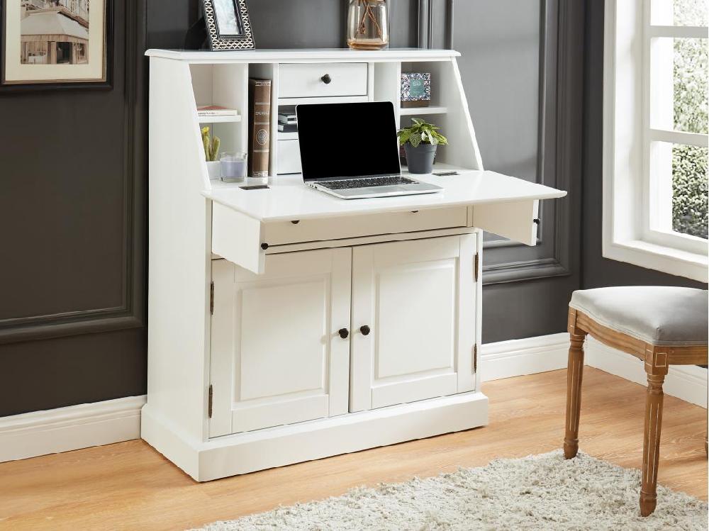 vente unique Secrétaire en pin et MDF - Coloris : Blanc - CLEORE