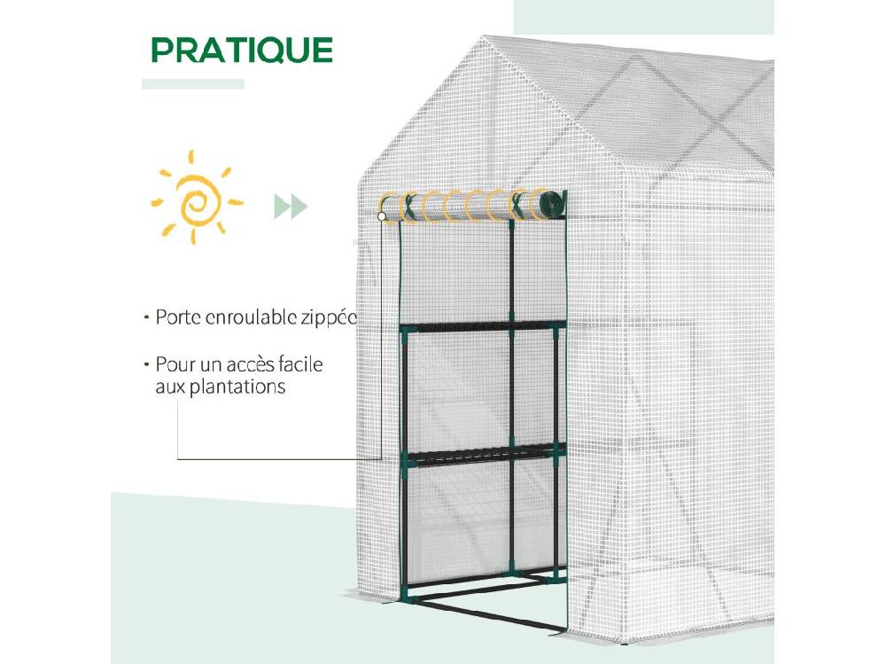 Vente Unique Serre De Jardin 2 Tablettes Dim. 1 43L X 1 43l X 1 95H M Porte Déroulante Acier PE Haute Densité 140 G/m² Transparent Blanc