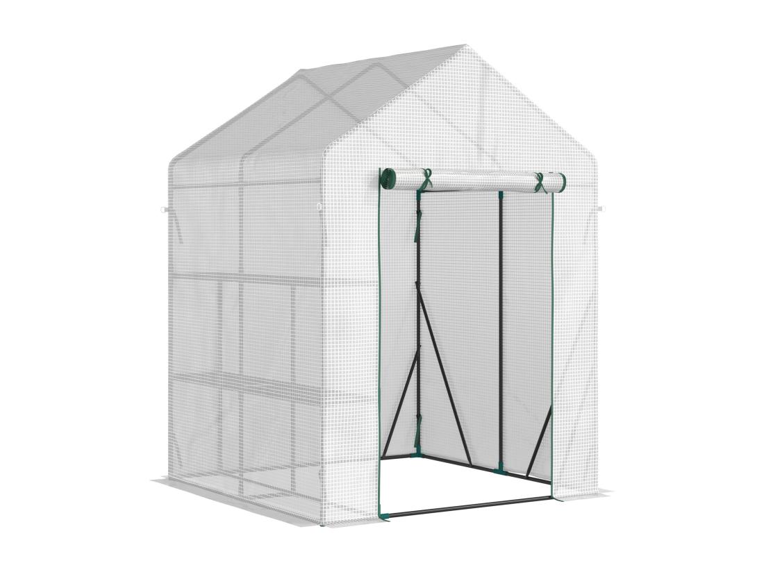 Vente Unique Serre De Jardin 2 Tablettes Dim. 1 43L X 1 43l X 1 95H M Porte Déroulante Acier PE Haute Densité 140 G/m² Transparent Blanc