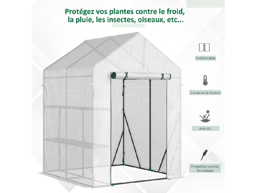Vente Unique Serre De Jardin 2 Tablettes Dim. 1 43L X 1 43l X 1 95H M Porte Déroulante Acier PE Haute Densité 140 G/m² Transparent Blanc