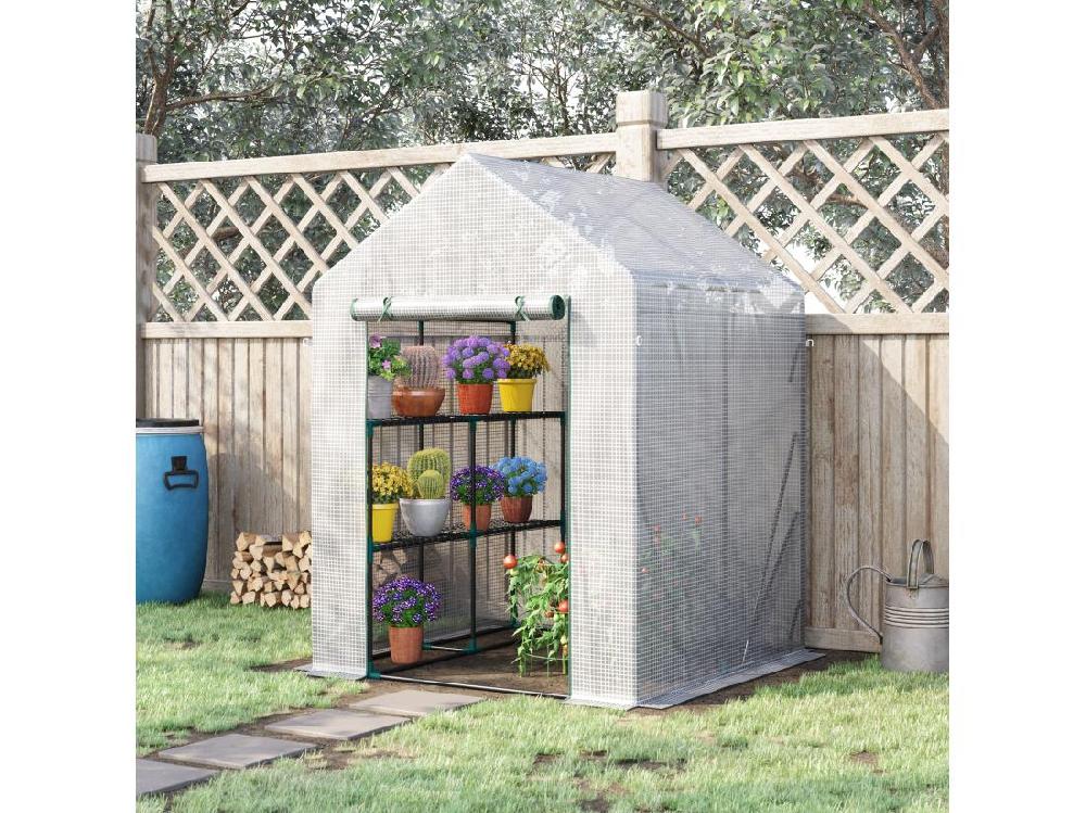 vente unique Serre de jardin 2 tablettes dim. 1 43L x 1 43l x 1 95H m porte déroulante acier PE haute densité 140 g/m² transparent blanc