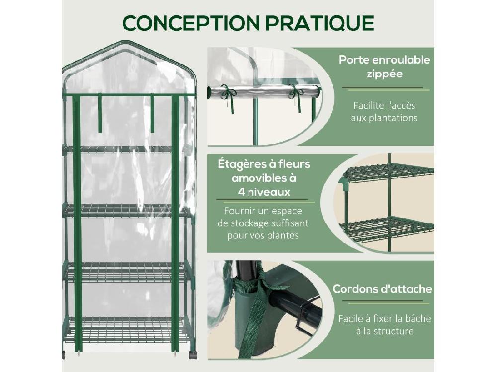Vente Unique Serre De Jardin Balcon Sur Roulettes 4 étagères Dim. 0 69L X 0 5l X 1 65H M Acier Thermolaqué Bâche PVC Porte Zippée Transparente