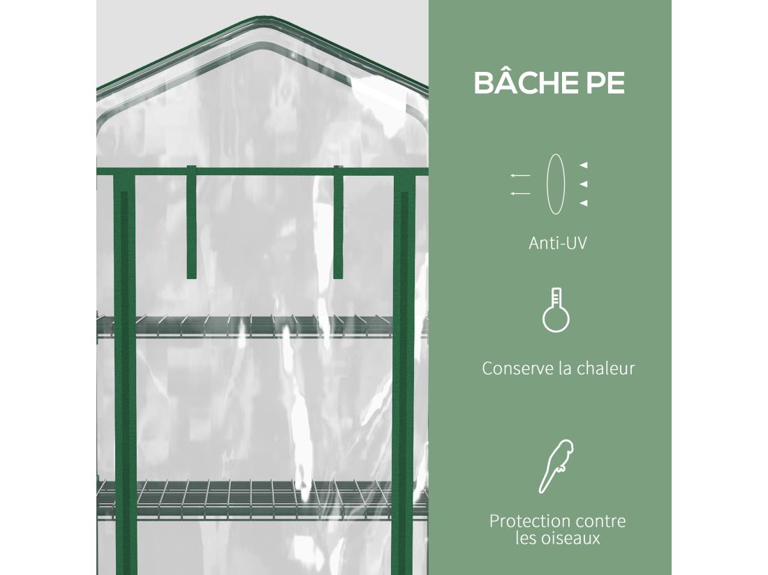 vente unique Serre de jardin balcon sur roulettes 4 étagères dim. 0 69L x 0 5l x 1 65H m acier thermolaqué bâche PVC porte zippée transparente