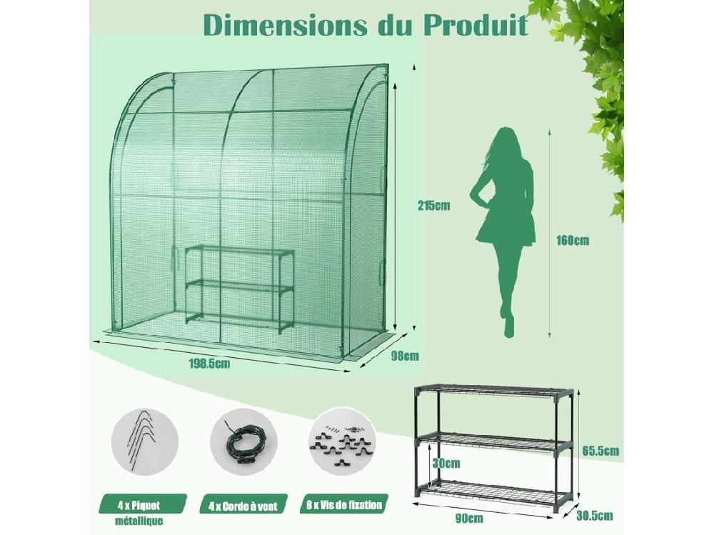 Vente Unique Serre De Jardin En PE Avec Étagère à Plantes 3 Niveaux Construction En Acier Imperméable 198 5x98x215cm Vert