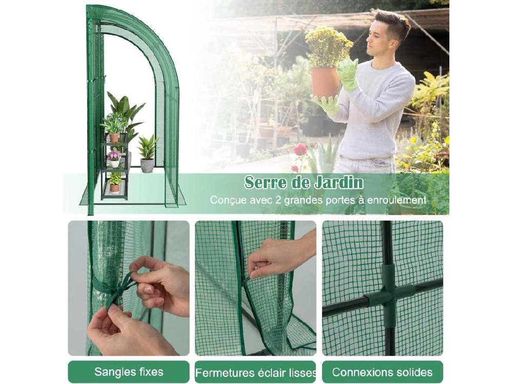 Vente Unique Serre De Jardin En PE Avec Étagère à Plantes 3 Niveaux Construction En Acier Imperméable 198 5x98x215cm Vert