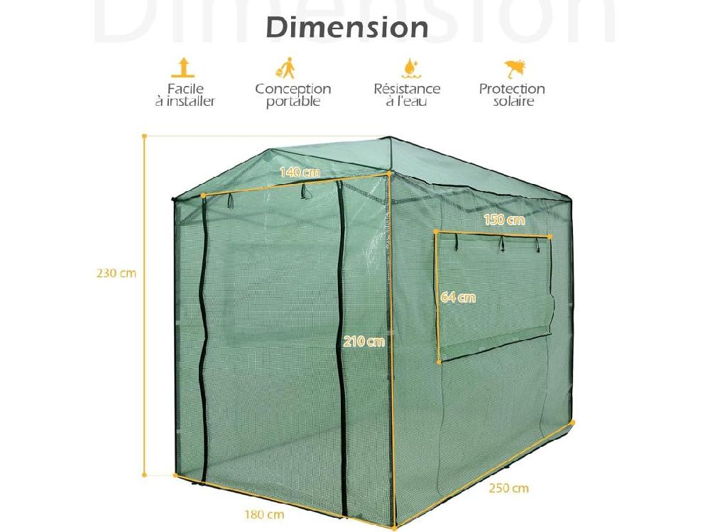 Vente Unique Serre De Jardin Portable Avec 2 Larges Fenêtres Observation 180 X 250CM