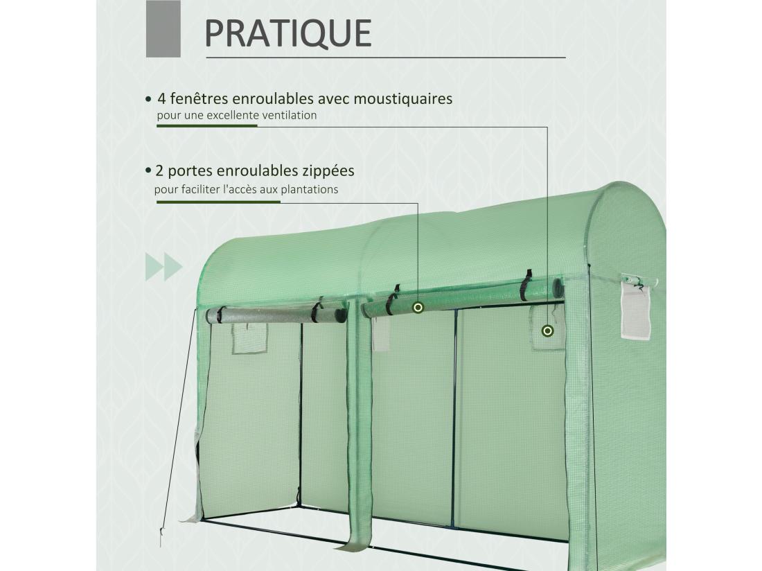 Vente Unique Serre De Jardin Serre à Tomates Dim. 3L X 1l X 2H M 2 Portes Zippées Déroulantes 4 Fenêtres Enroulables Acier PE Haute Densité 140 G/m² Anti-UV Vert