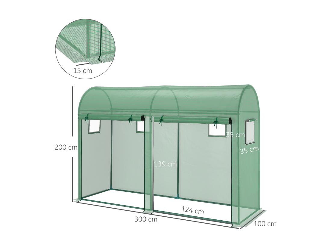 Vente Unique Serre De Jardin Serre à Tomates Dim. 3L X 1l X 2H M 2 Portes Zippées Déroulantes 4 Fenêtres Enroulables Acier PE Haute Densité 140 G/m² Anti-UV Vert