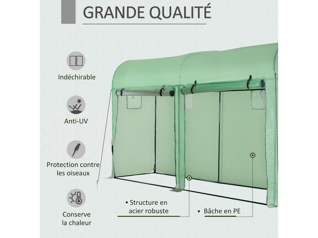 Vente Unique Serre De Jardin Serre à Tomates Dim. 3L X 1l X 2H M 2 Portes Zippées Déroulantes 4 Fenêtres Enroulables Acier PE Haute Densité 140 G/m² Anti-UV Vert